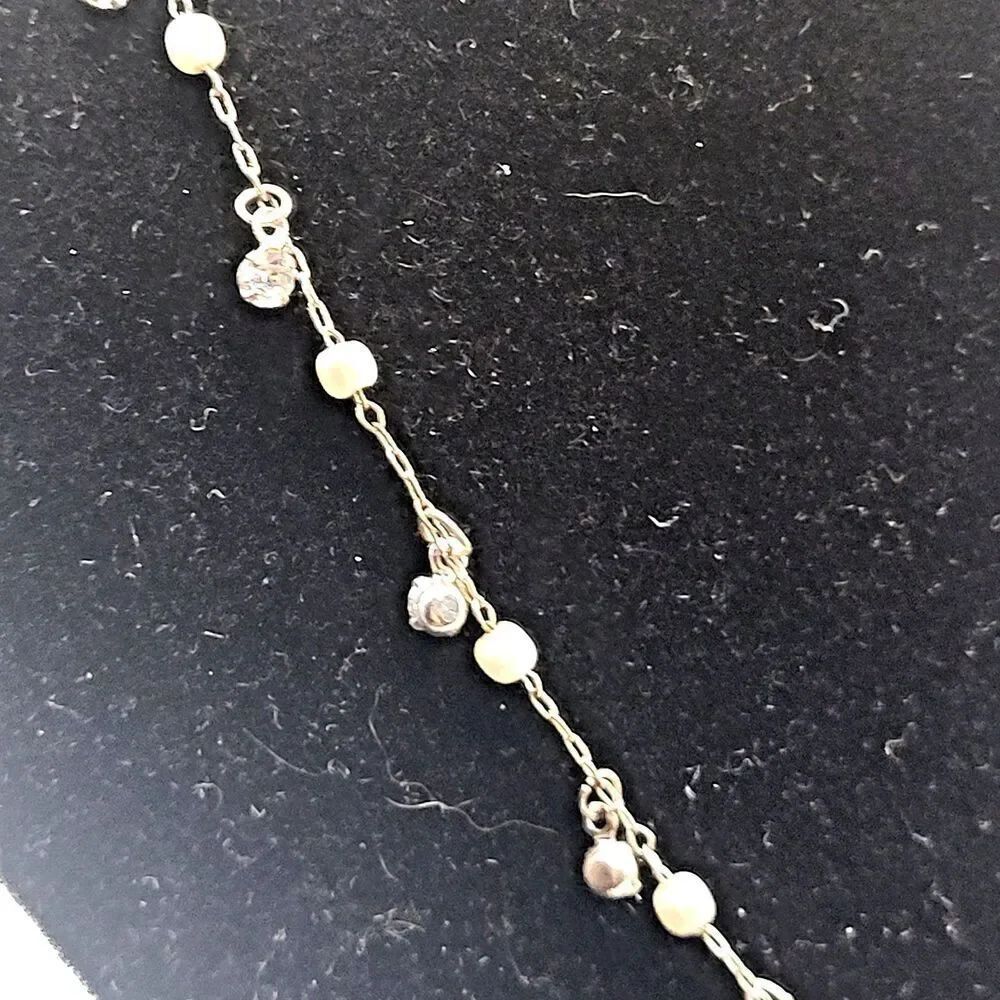 Vintage Y2K Dainty Faux Pearl Rhinestone Silver Choker Collar Necklace 17in